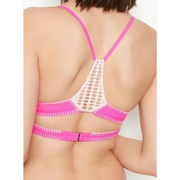 VICTORIAS SECRET Swim Carova Crochet Bikini Top Pink Padded Womens Small - Picture 8 of 8